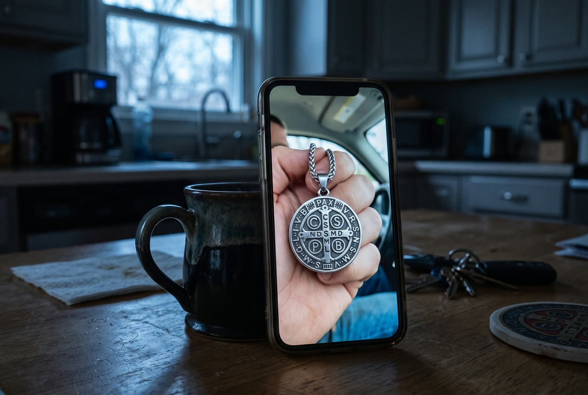 A video call on a phone propped on a mug: a man’s hand holding up the St Benedict medal