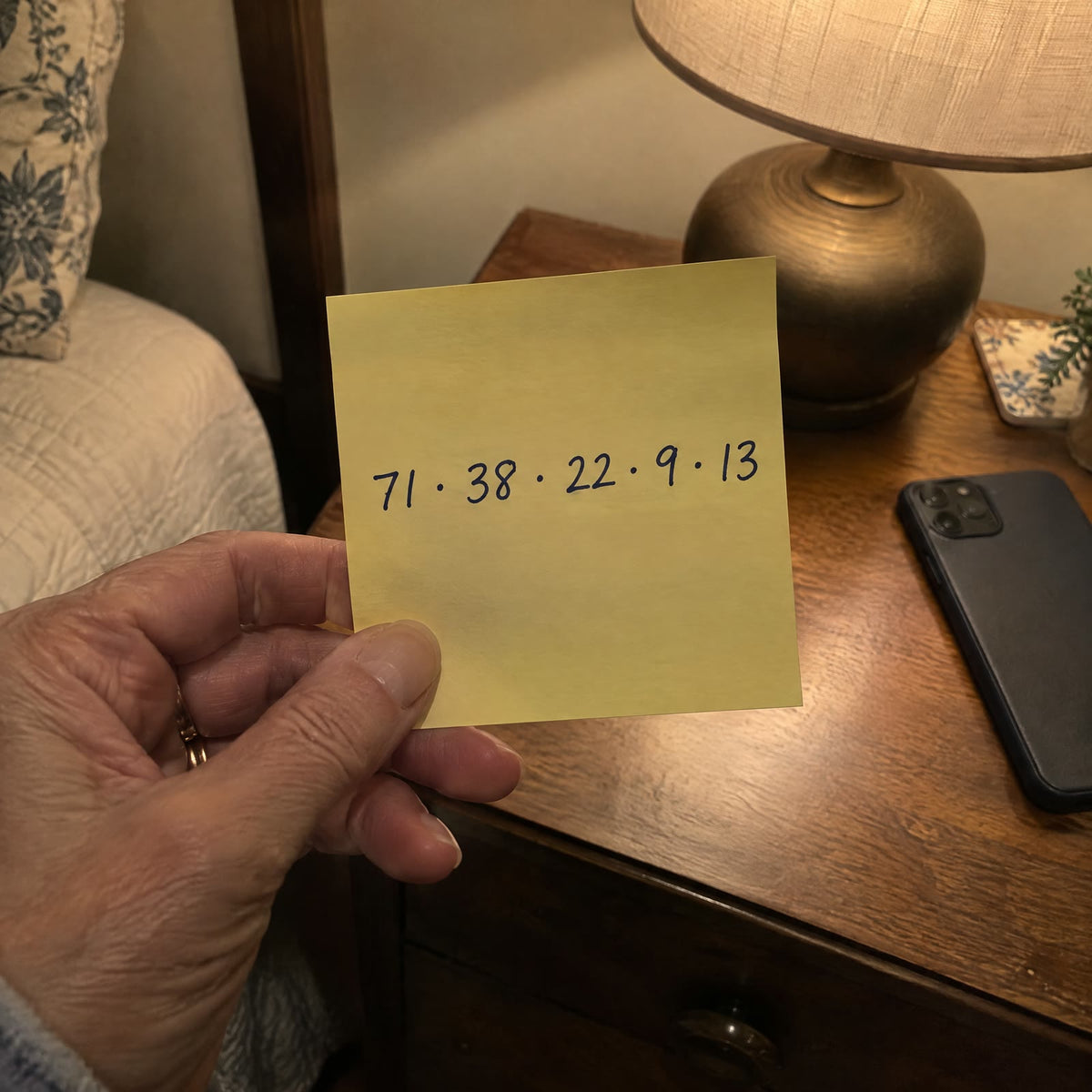 A yellow sticky note with five numbers: 71, 38, 22, 9, 13