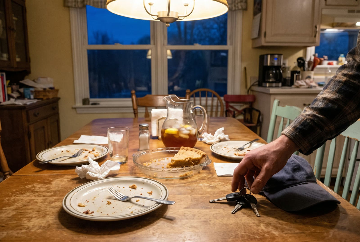 A man’s hand picking up truck keys beside a cap at a kitchen table after Sunday dinner