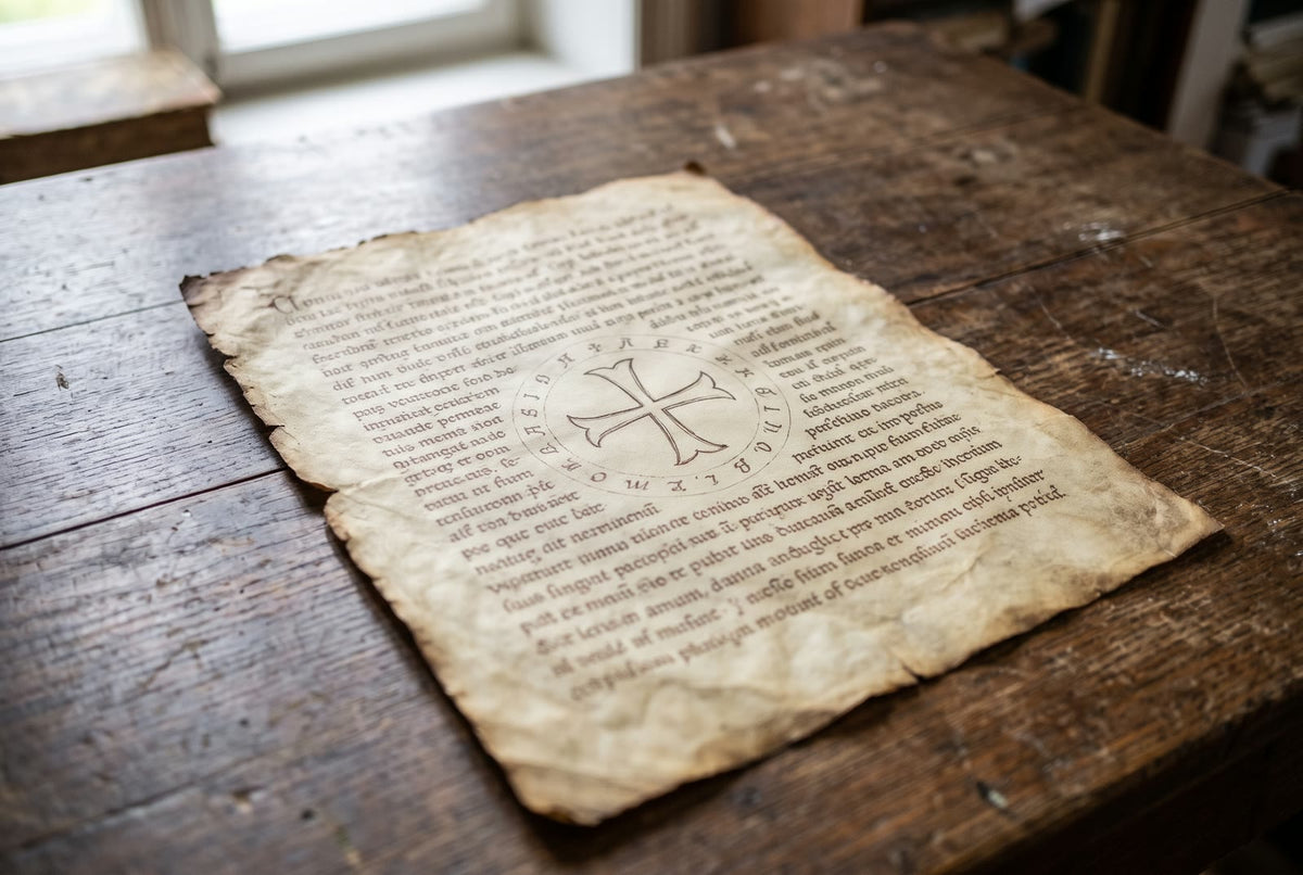An old vellum page with a cross ringed with initials