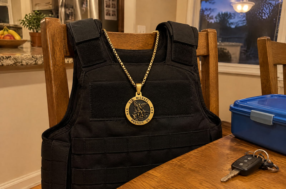 A plain black vest carrier over a kitchen chair at dusk, a gold St Michael medal laid across its chest plate, a lunchbox and car keys on the table