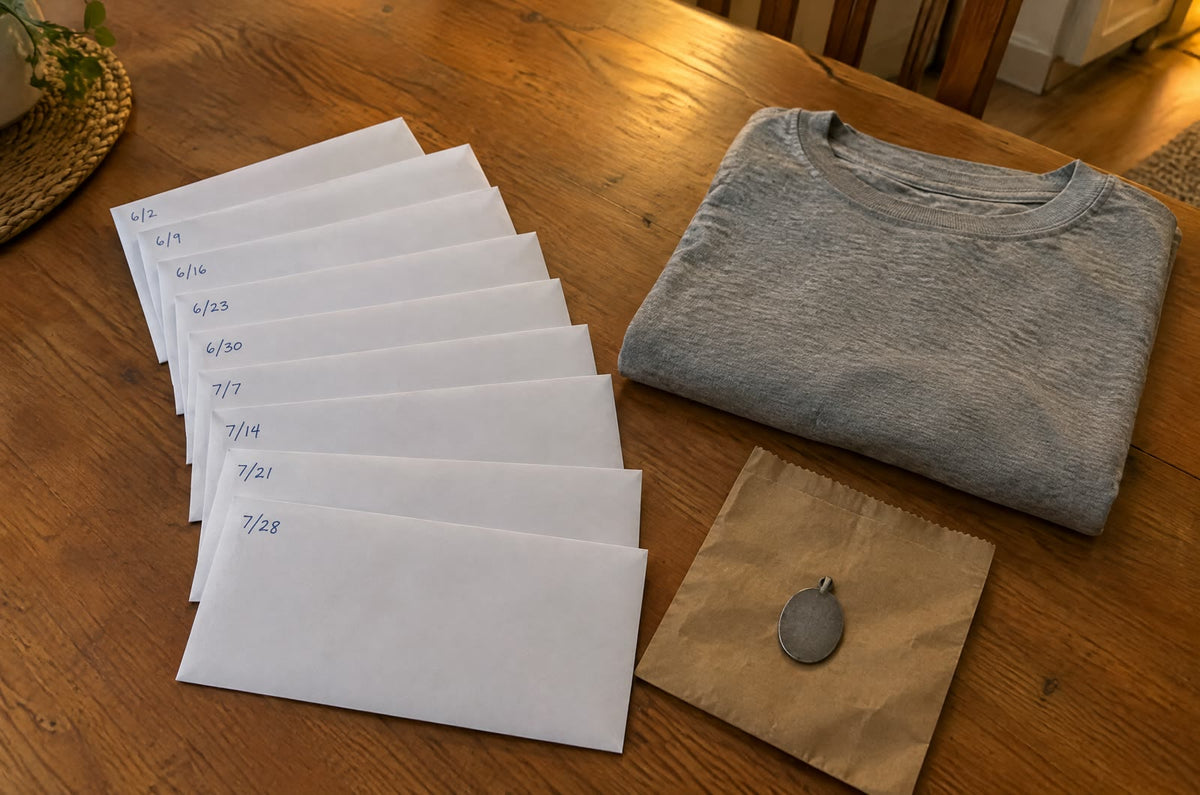 Nine dated envelopes, a folded grey T-shirt and a dull pewter medal on a paper bag on a kitchen table