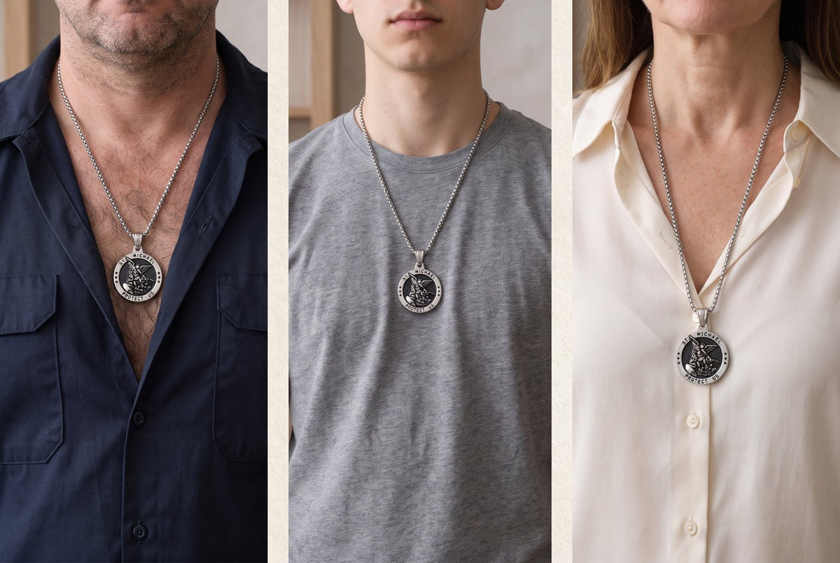 The same St Michael medal worn by an officer in a navy shirt, a recruit in a grey T-shirt and a woman in a cream blouse