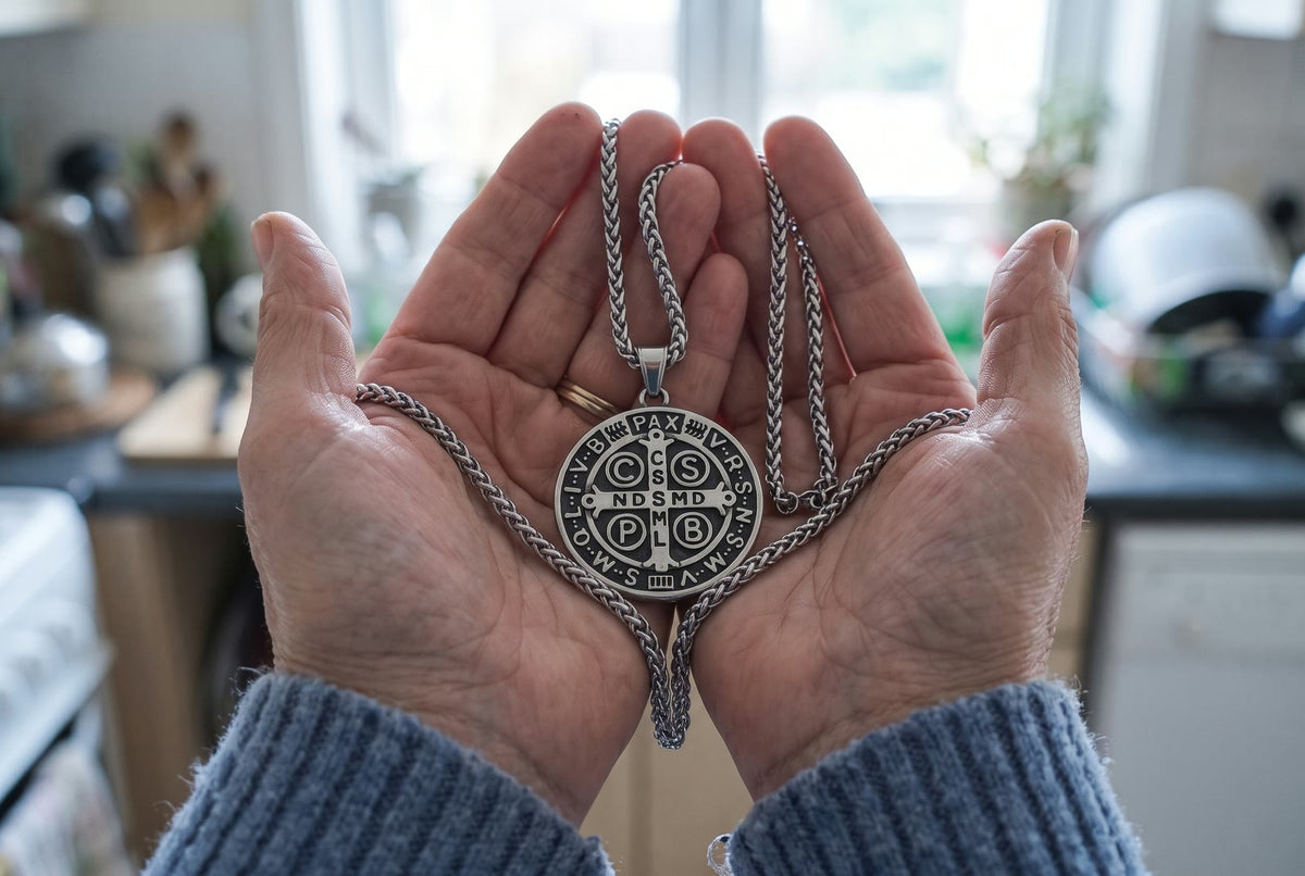 A mother’s cupped hands holding the St Benedict medal