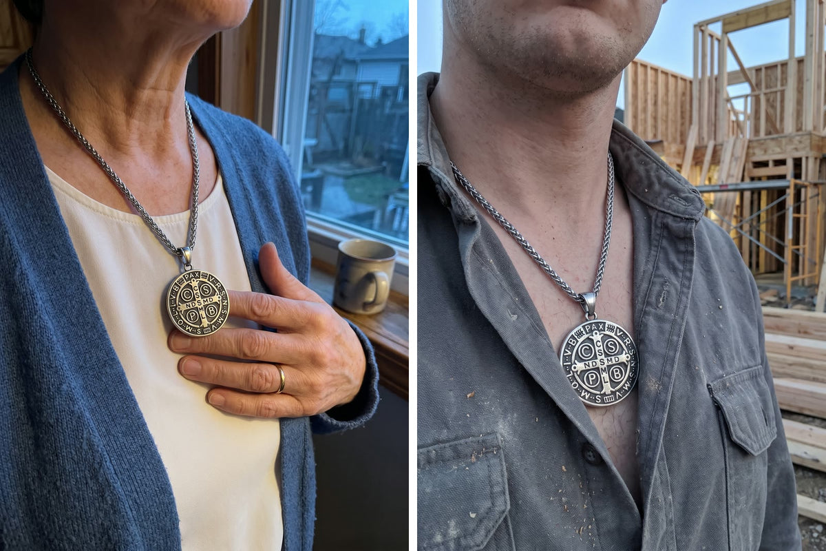 Left, a woman touching her St Benedict medal by a kitchen window at dawn; right, the same medal on a man’s chest on a job site