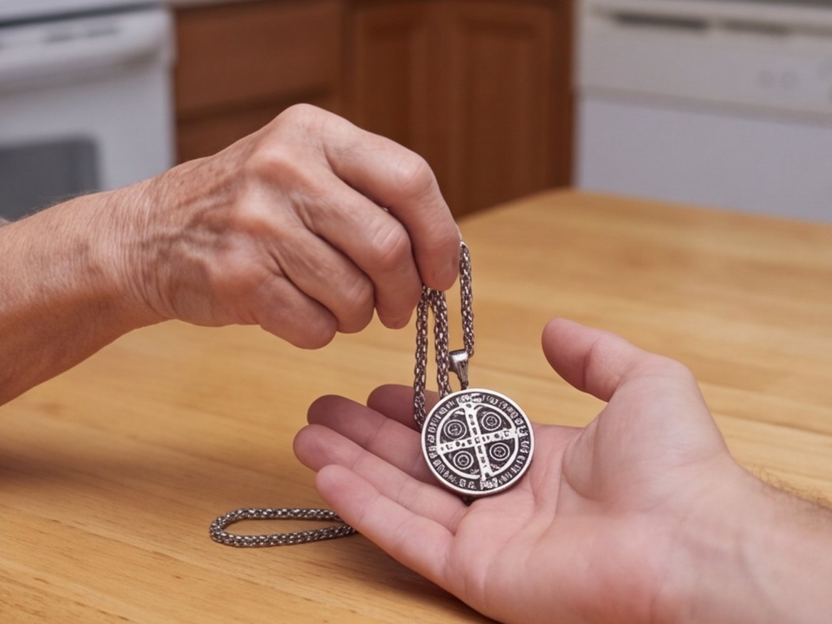 The St Benedict medal passed across a kitchen table