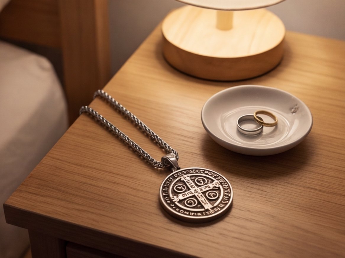 The St Benedict medal on a nightstand beside a ring dish