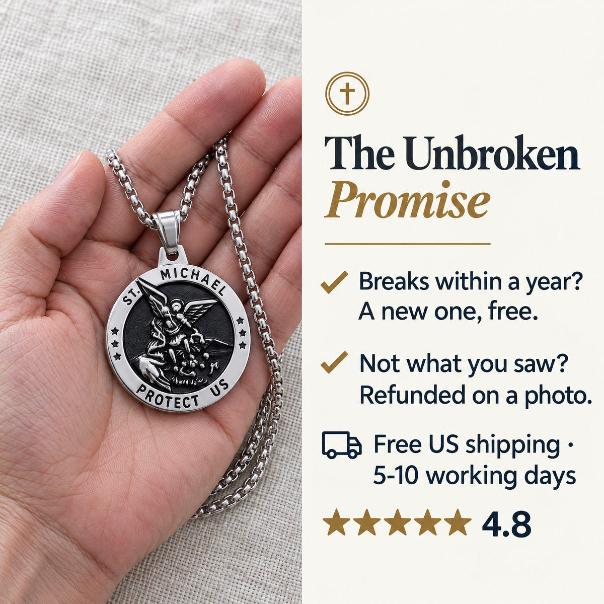 The Unbroken Promise · Breaks within a year? A new one, free. · Not what you saw? Refunded on a photo. · Free US shipping · 5-10 working days · ★★★★★ 4.8