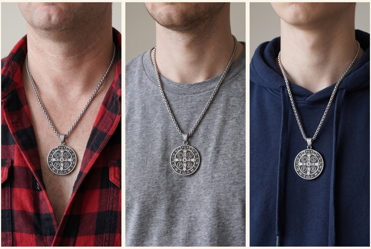 The St Benedict medal worn by three men of different builds