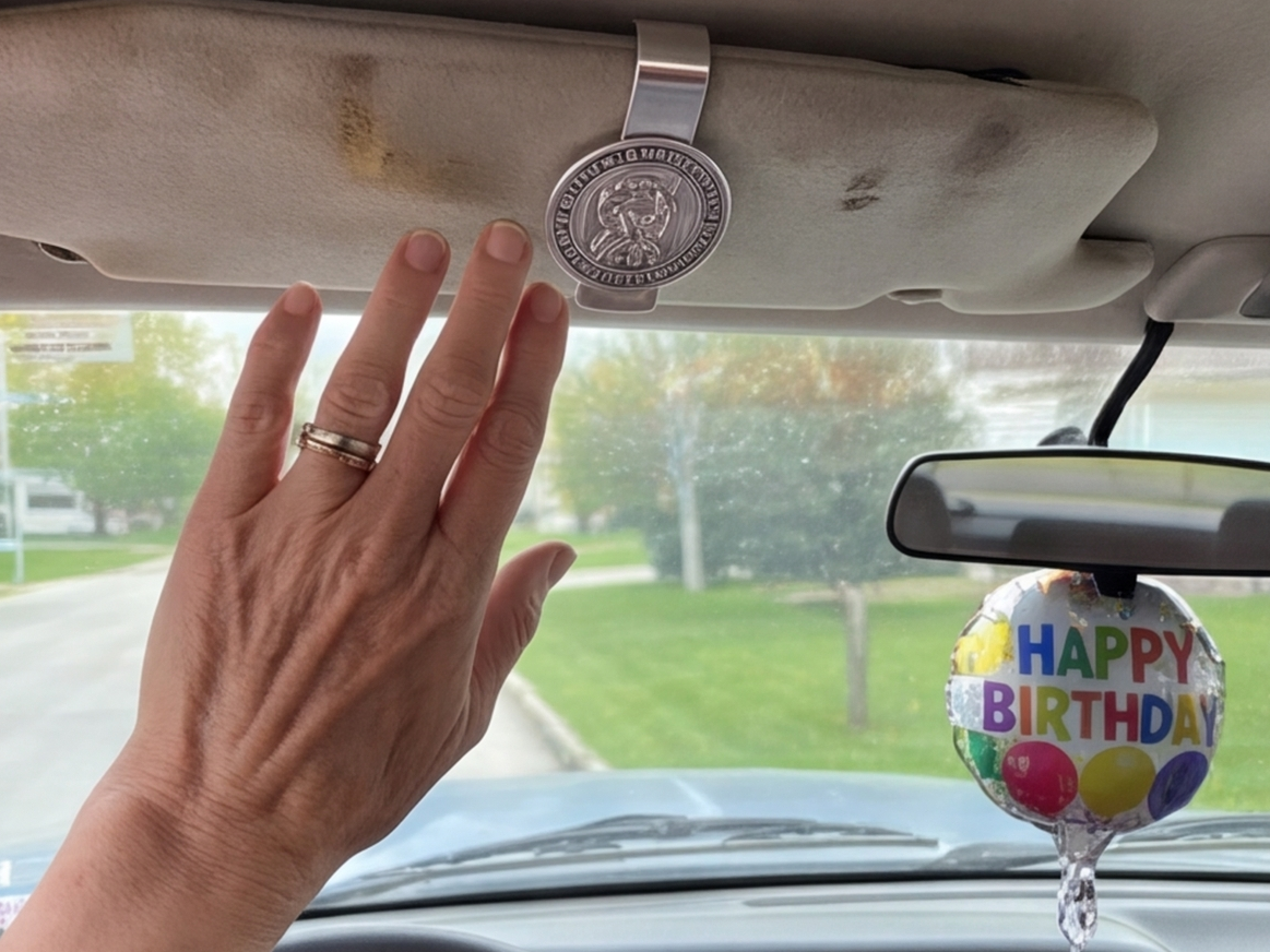 A customer’s photo of the St Christopher visor clip