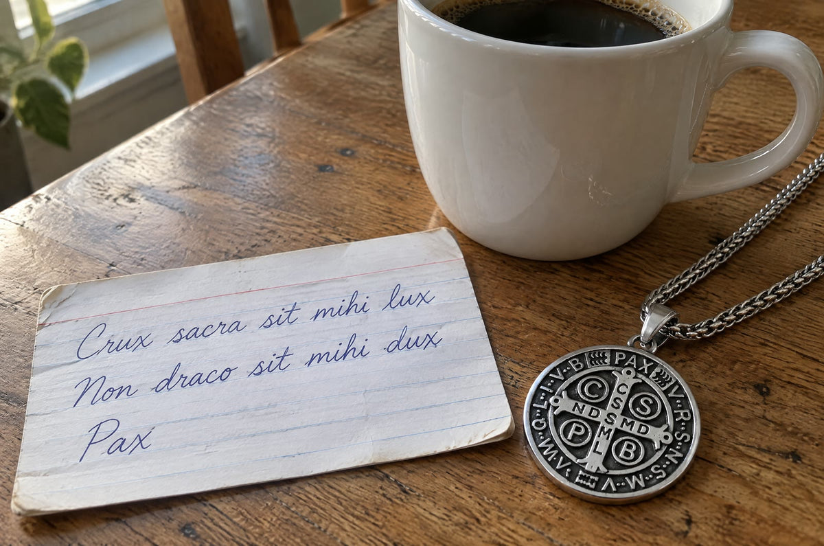An index card with the St Benedict Latin lines in handwriting beside the medal and a coffee mug