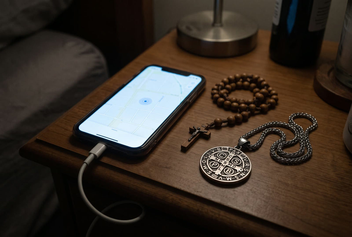 A phone showing a map with one blue dot on a dark nightstand, a rosary and the St Benedict medal beside it