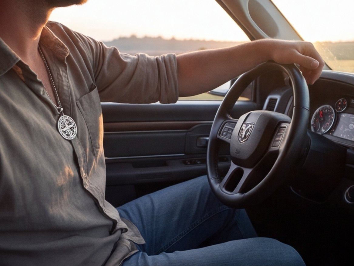 The St Benedict medal at a driver’s collar in a pickup at dawn