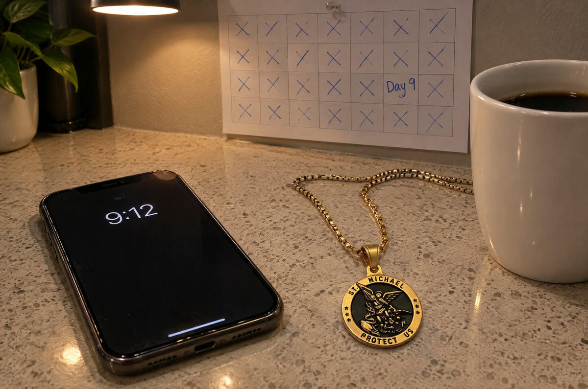 A kitchen counter at night, a phone showing 9:12, a gold St Michael medal beside it and a wall calendar with Day 9 written in blue pen