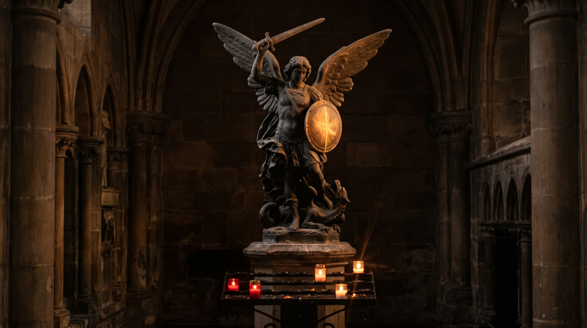 A dark stone statue of St Michael in candlelight, sword raised, shield catching the flame, the dragon under his foot