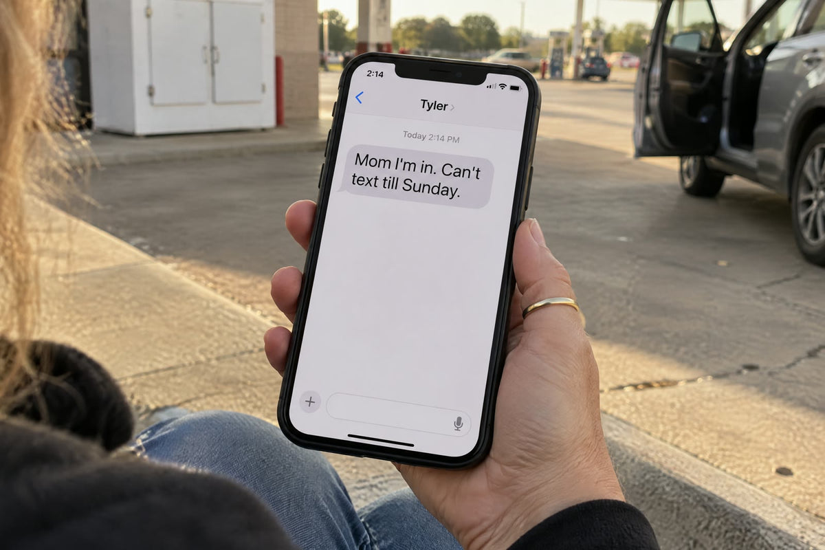 A mother’s hand holding her phone on a gas-station curb, a text from Tyler at 2:14 PM: Mom I’m in. Can’t text till Sunday.
