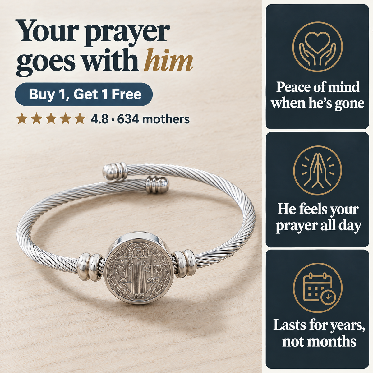 Your prayer goes with him · Buy 1, Get 1 Free · ★★★★★ 4.8 · 634 mothers · Peace of mind when he's gone · He feels your prayer all day · Lasts for years, not months