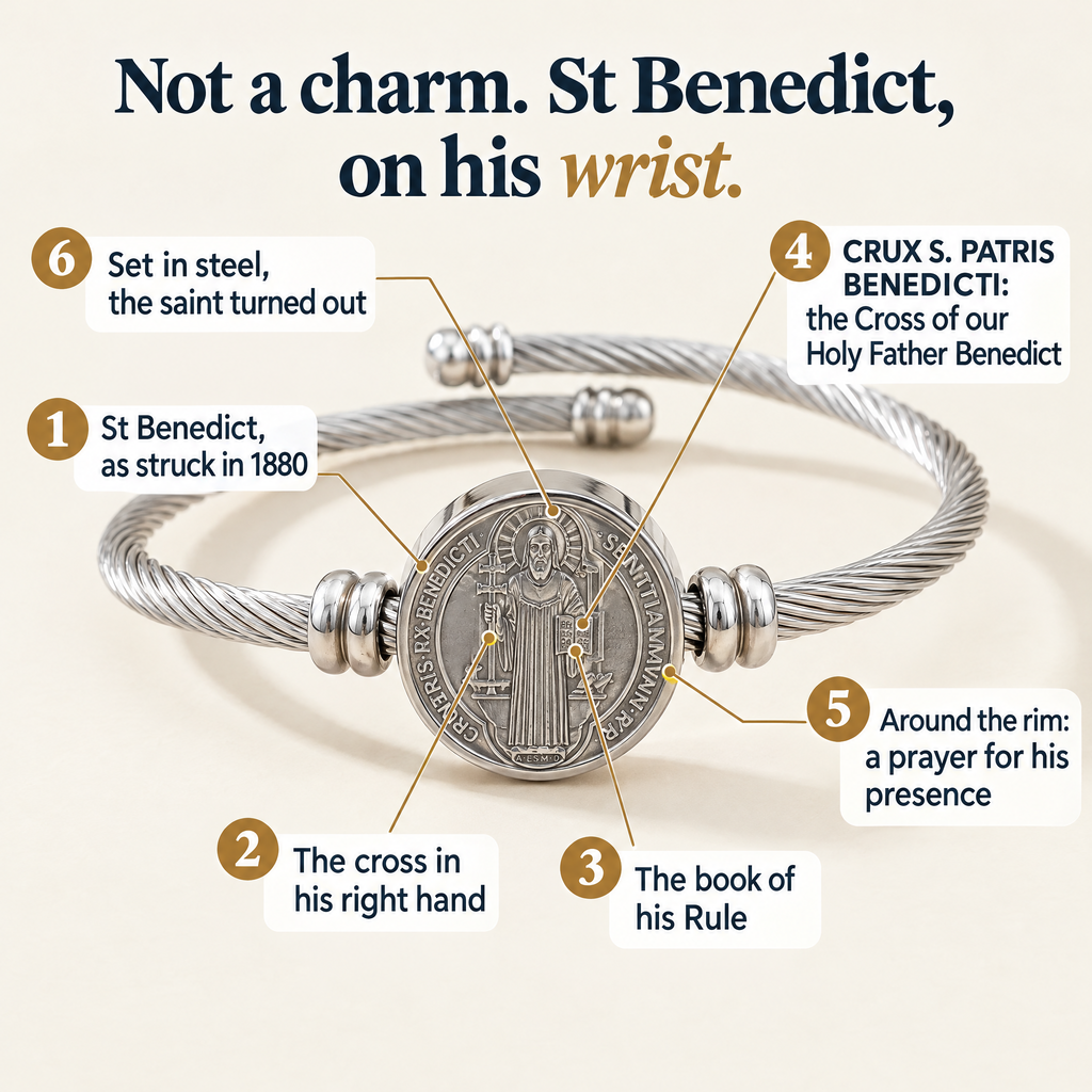 Not a charm. St Benedict, on his wrist. · 1 St Benedict, as struck in 1880 · 2 The cross in his right hand · 3 The book of his Rule · 4 CRUX S. PATRIS BENEDICTI: the Cross of our Holy Father Benedict · 5 Around the rim: a prayer for his presence · 6 Set in steel, the saint turned out