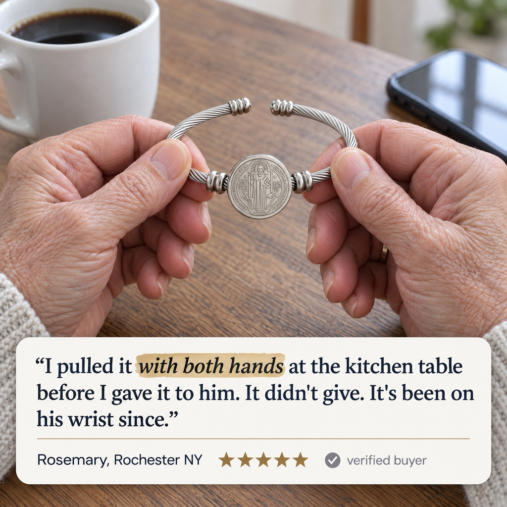 "I pulled it with both hands at the kitchen table before I gave it to him. It didn't give. It's been on his wrist since." · Rosemary, Rochester NY · ★★★★★ · verified buyer