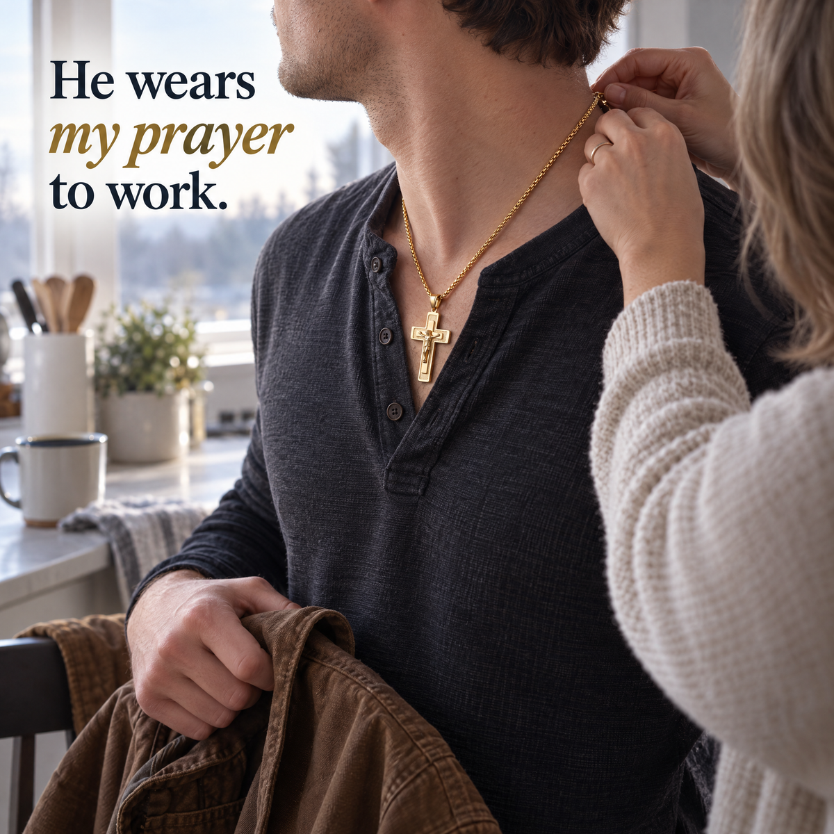 He wears my prayer to work.