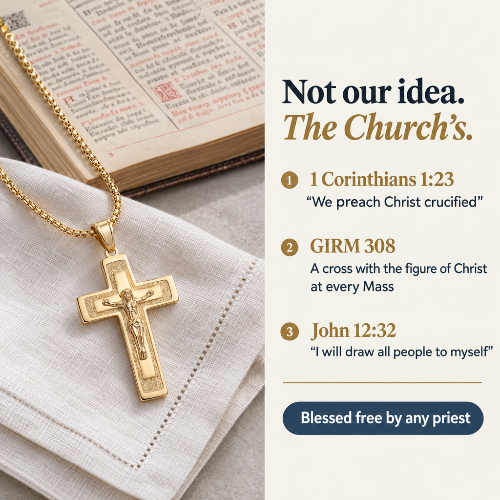 Not our idea. The Church's. · 1 Corinthians 1:23 · "We preach Christ crucified" · GIRM 308 · A cross with the figure of Christ at every Mass · John 12:32 · "I will draw all people to myself" · Blessed free by any priest