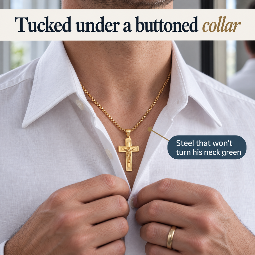 Tucked under a buttoned collar · Steel that won't turn his neck green