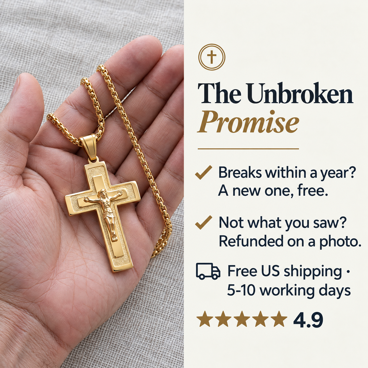 The Unbroken Promise · Breaks within a year? A new one, free. · Not what you saw? Refunded on a photo. · Free US shipping · 5-10 working days · ★★★★★ 4.9