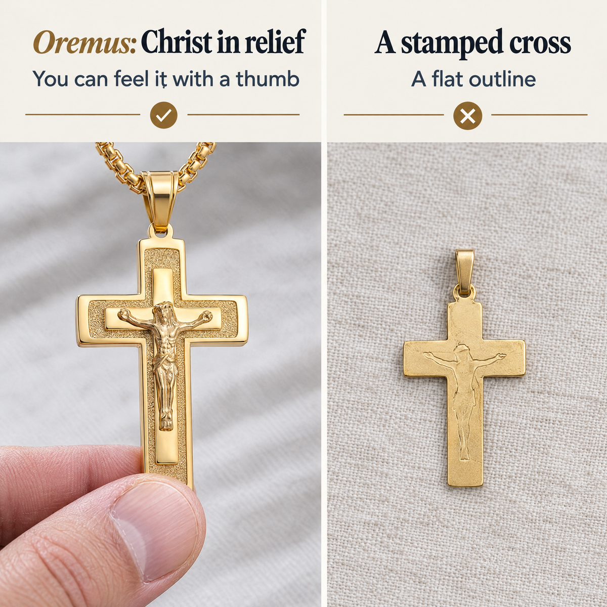 Oremus: Christ in relief · You can feel it with a thumb · A stamped cross · A flat outline