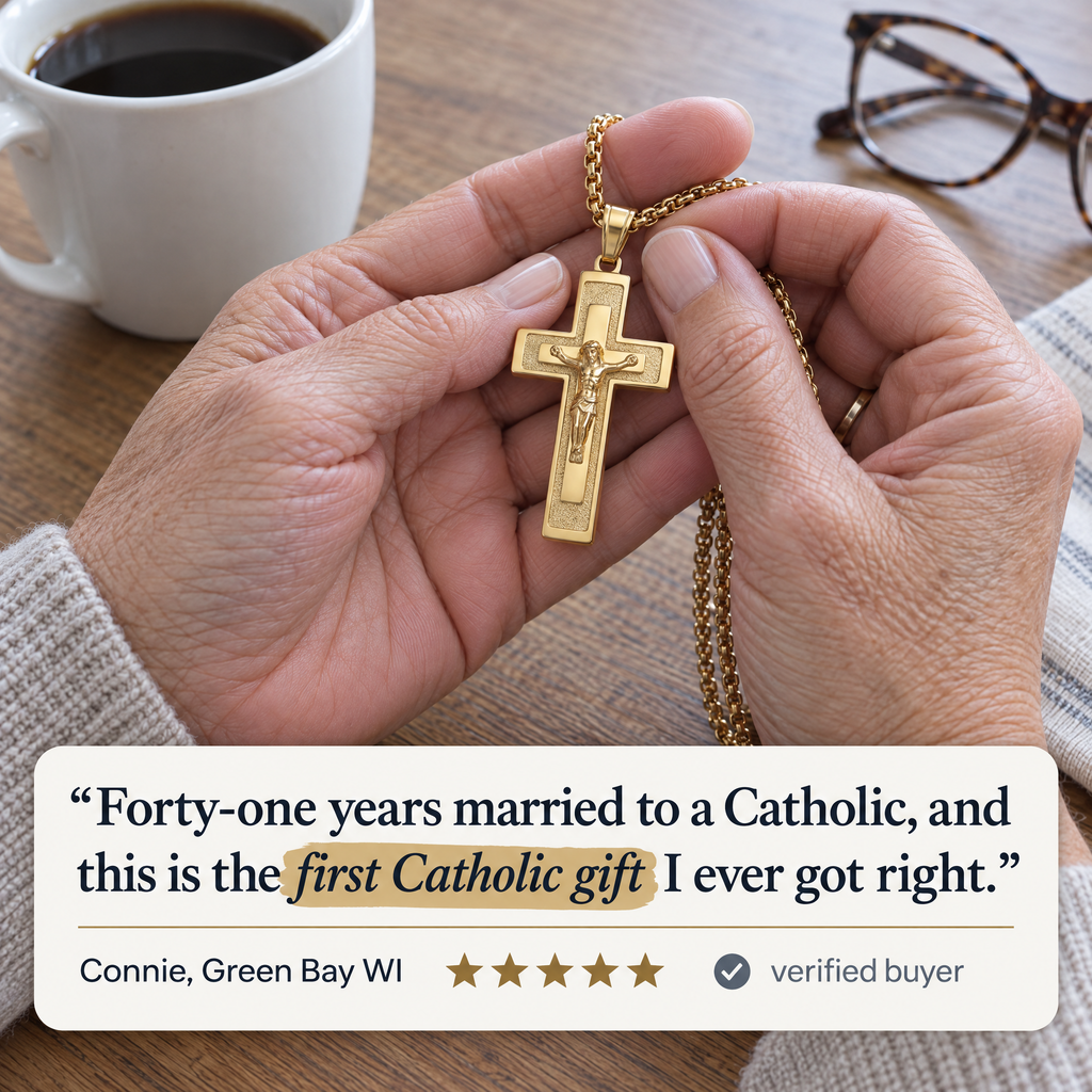 "Forty-one years married to a Catholic, and this is the first Catholic gift I ever got right." · Connie, Green Bay WI · ★★★★★ · verified buyer