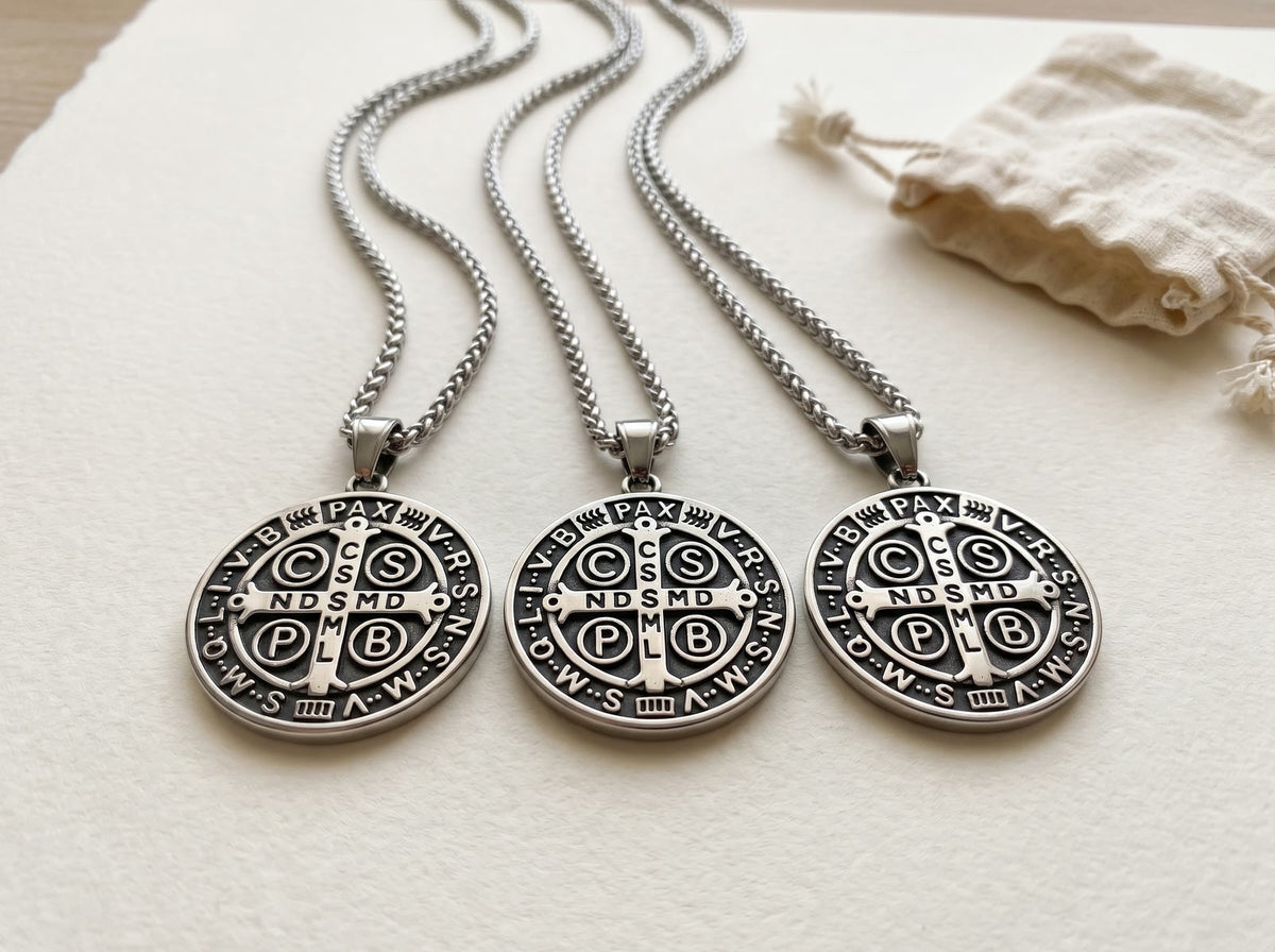 Three St Benedict medals on their chains and a plain cotton pouch