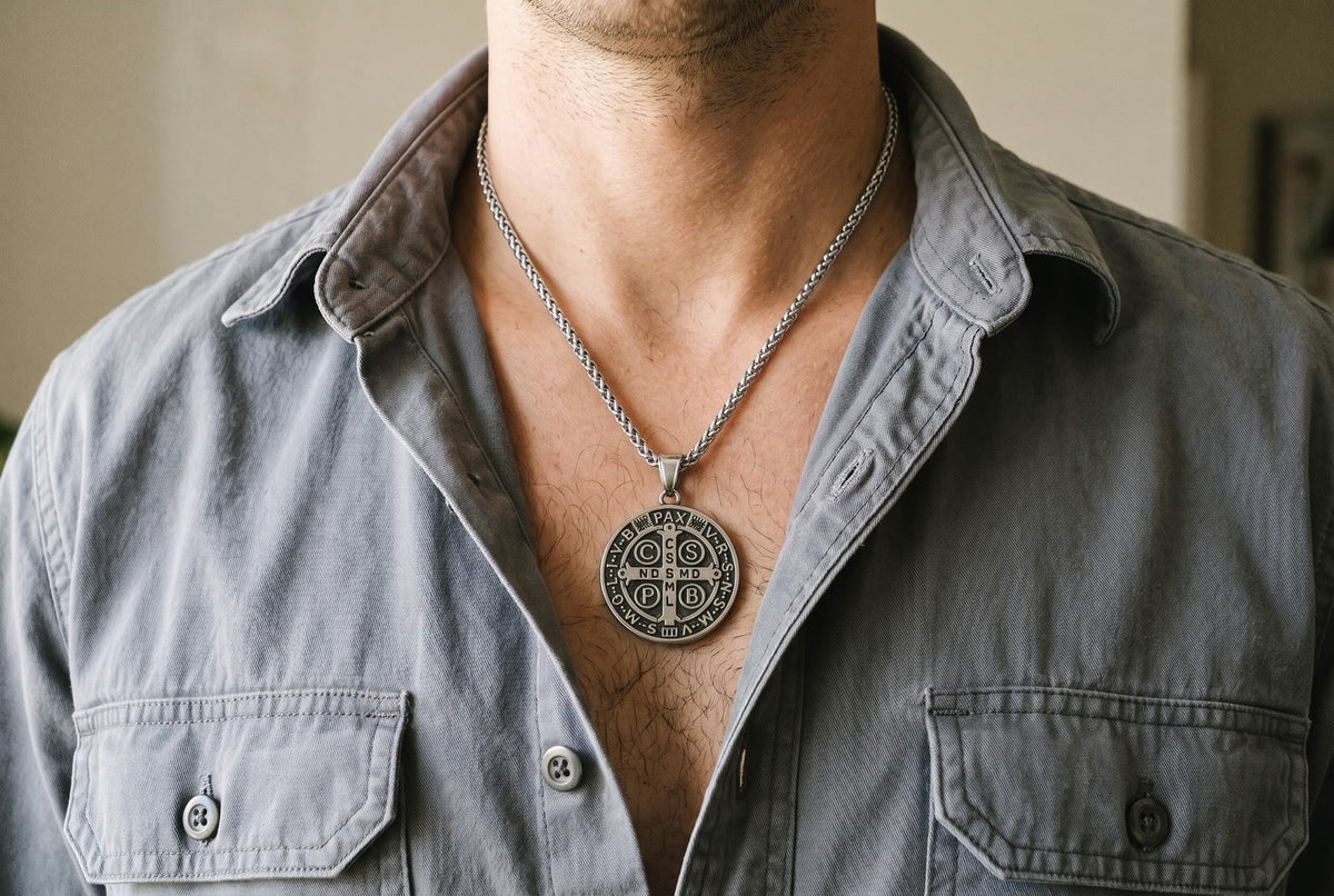 The St Benedict medal at the open collar of a man’s gray work shirt