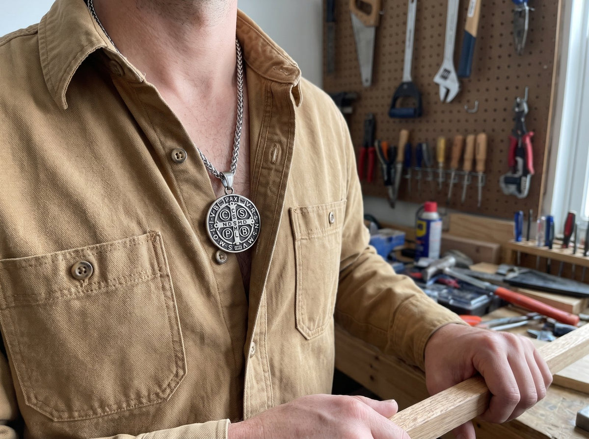 The St Benedict medal at an open work-shirt collar at a garage workbench