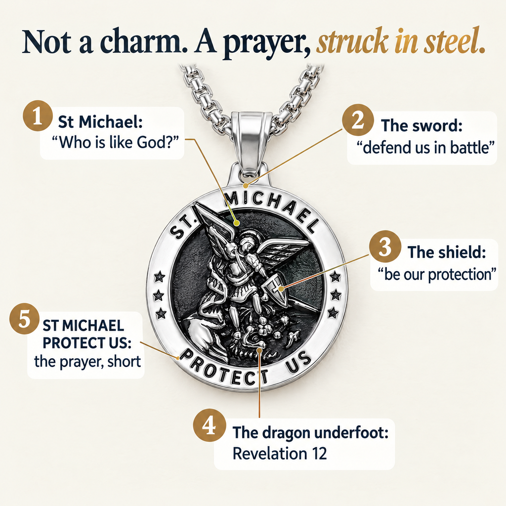 Not a charm. A prayer, struck in steel. · 1 St Michael: "Who is like God?" · 2 The sword: "defend us in battle" · 3 The shield: "be our protection" · 4 The dragon underfoot: Revelation 12 · 5 ST MICHAEL PROTECT US: the prayer, short