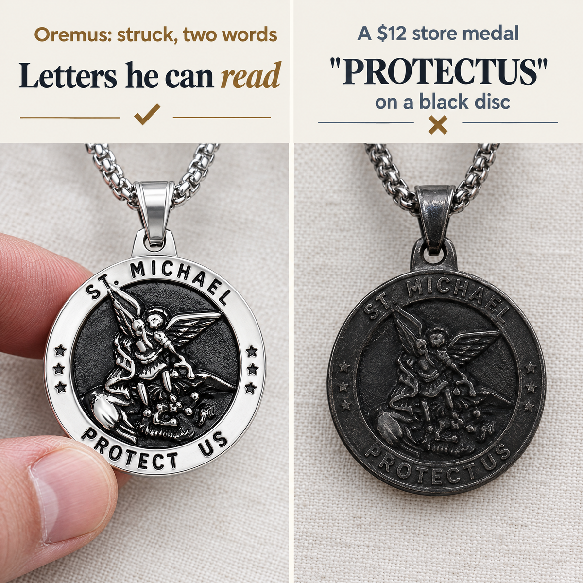 Oremus: struck, two words · Letters he can read · A $12 store medal · "PROTECTUS" on a black disc