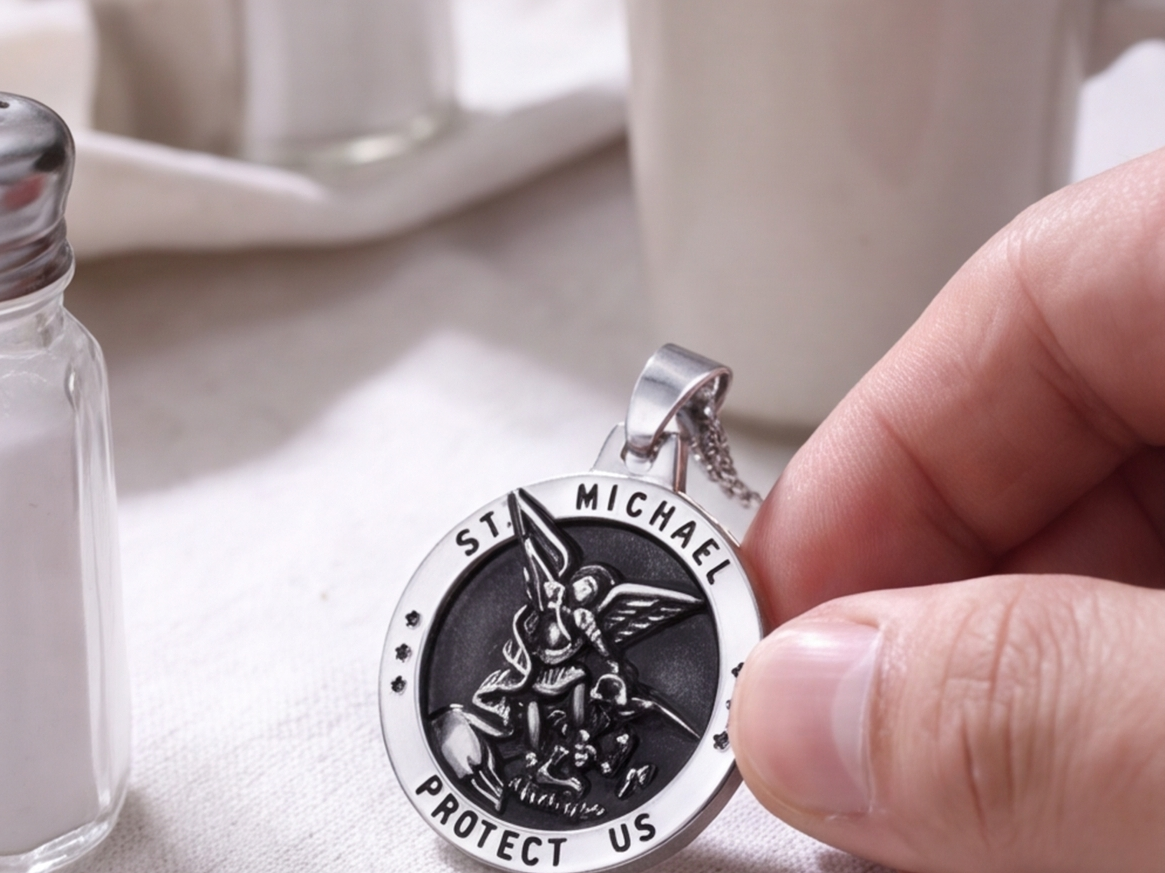 A customer’s photo of the St Michael medal