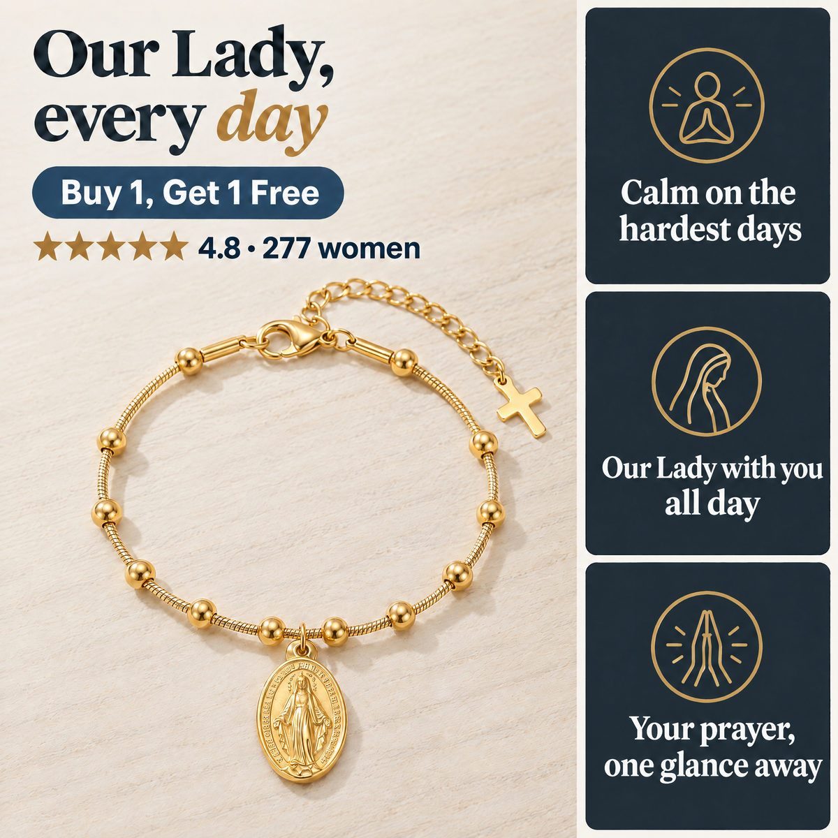 Our Lady, every day · Buy 1, Get 1 Free · ★★★★★ 4.8 · 277 women · Calm on the hardest days · Our Lady with you all day · Your prayer, one glance away