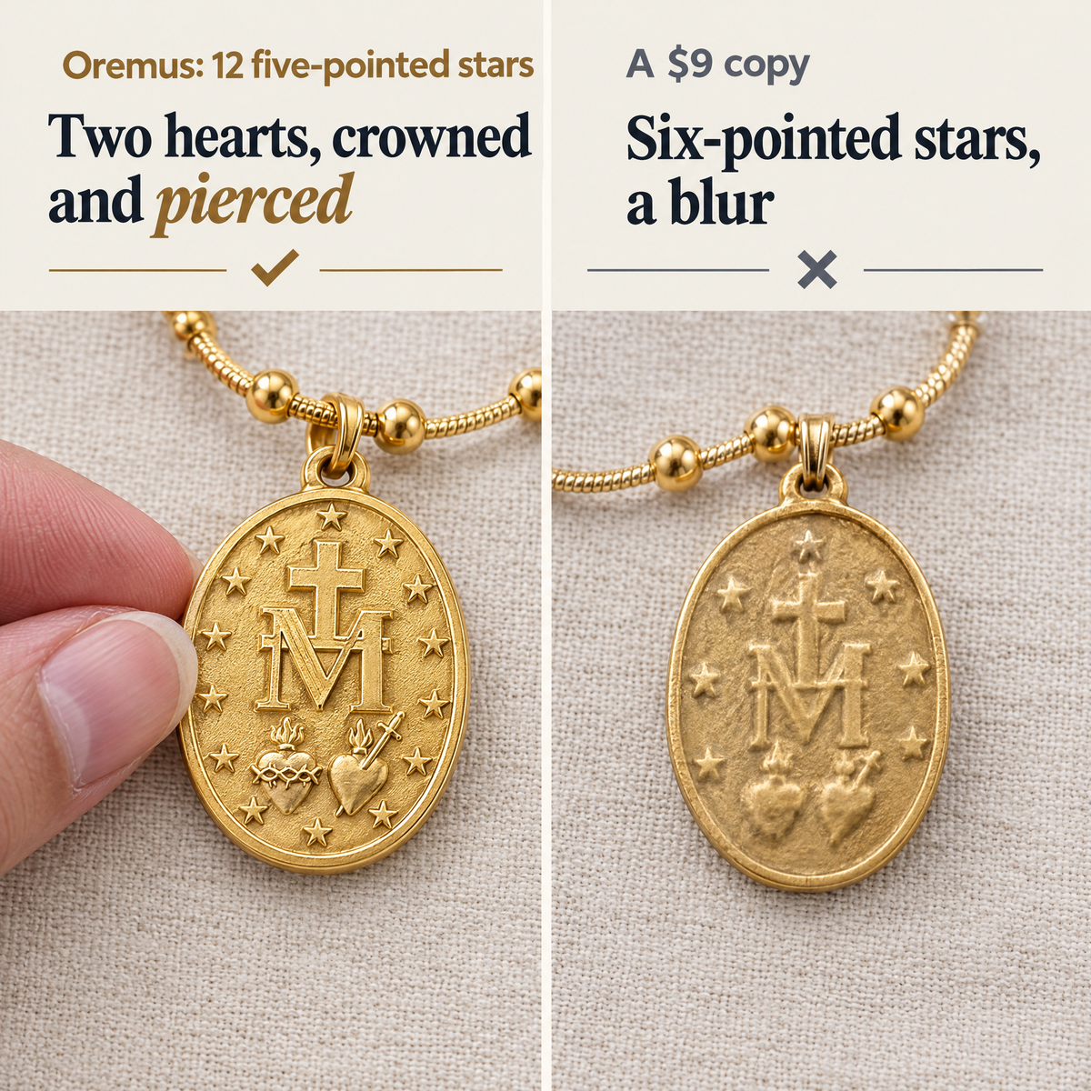 Oremus: 12 five-pointed stars · Two hearts, crowned and pierced · A $9 copy · Six-pointed stars, a blur