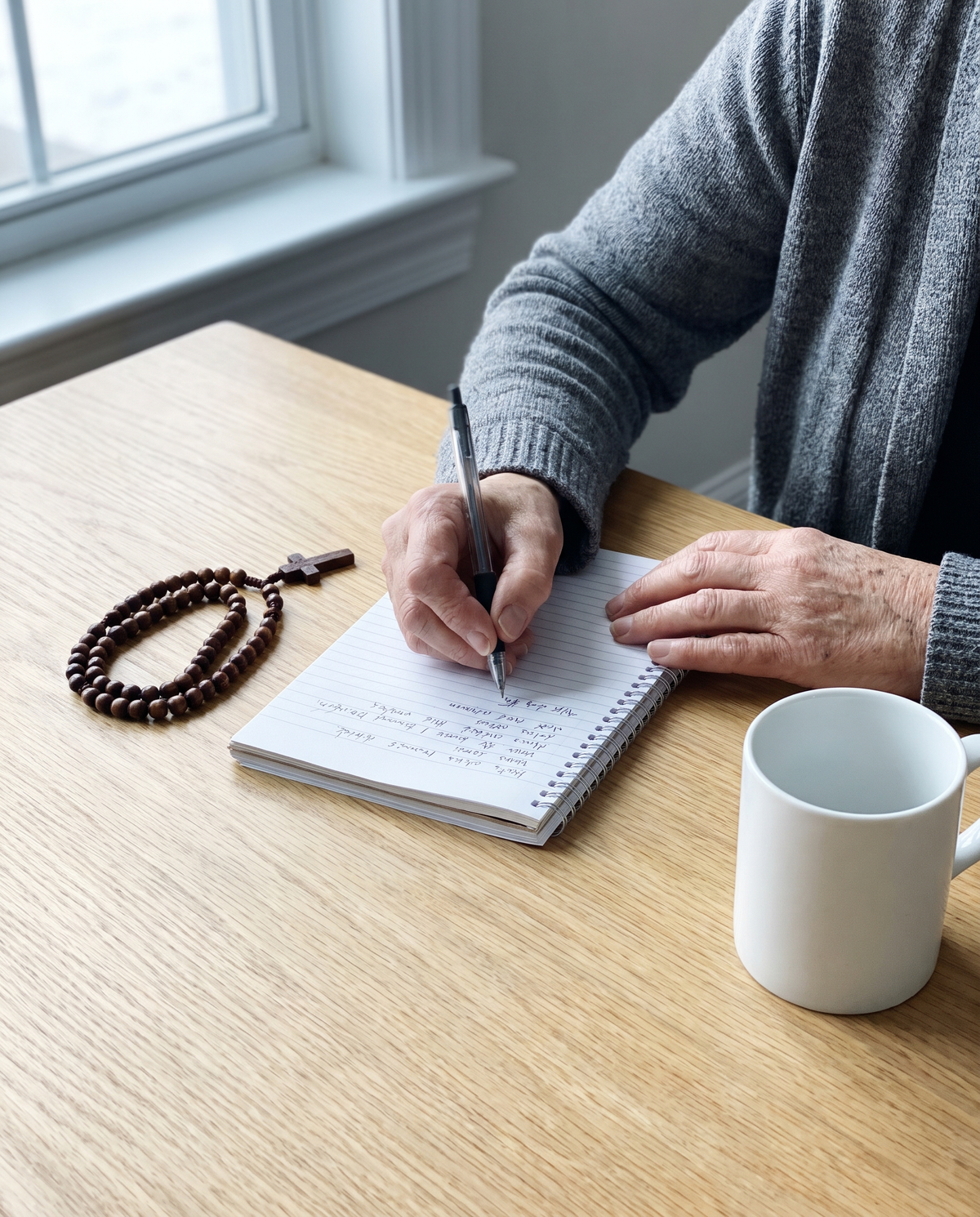 A woman’s hands writing in a notebook at a kitchen table, a wooden rosary and a mug beside it