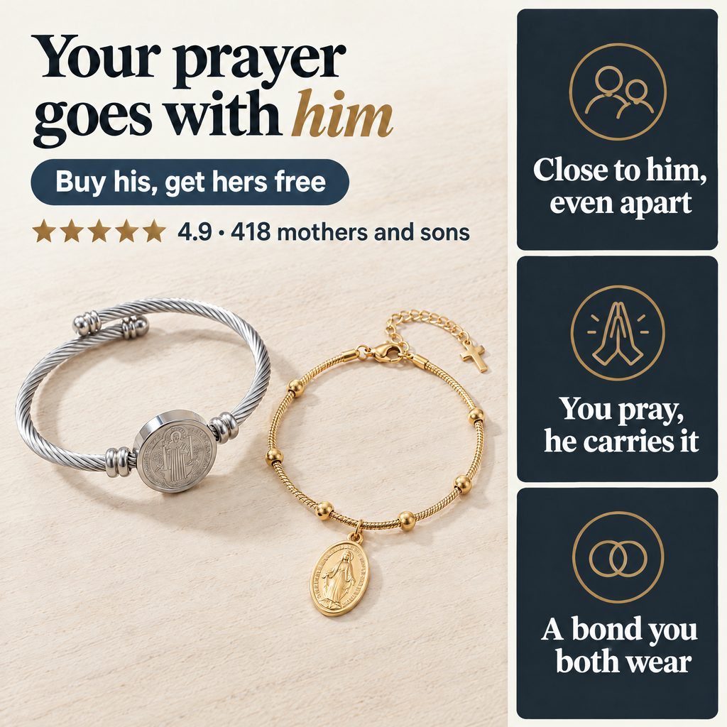 Your prayer goes with him · Buy his, get hers free · ★★★★★ 4.9 · 418 mothers and sons · Close to him, even apart · You pray, he carries it · A bond you both wear