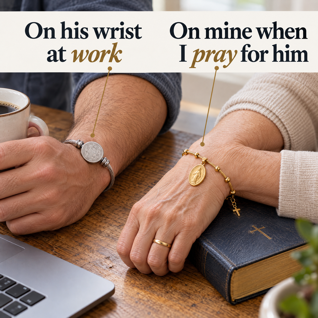On his wrist at work · On mine when I pray for him