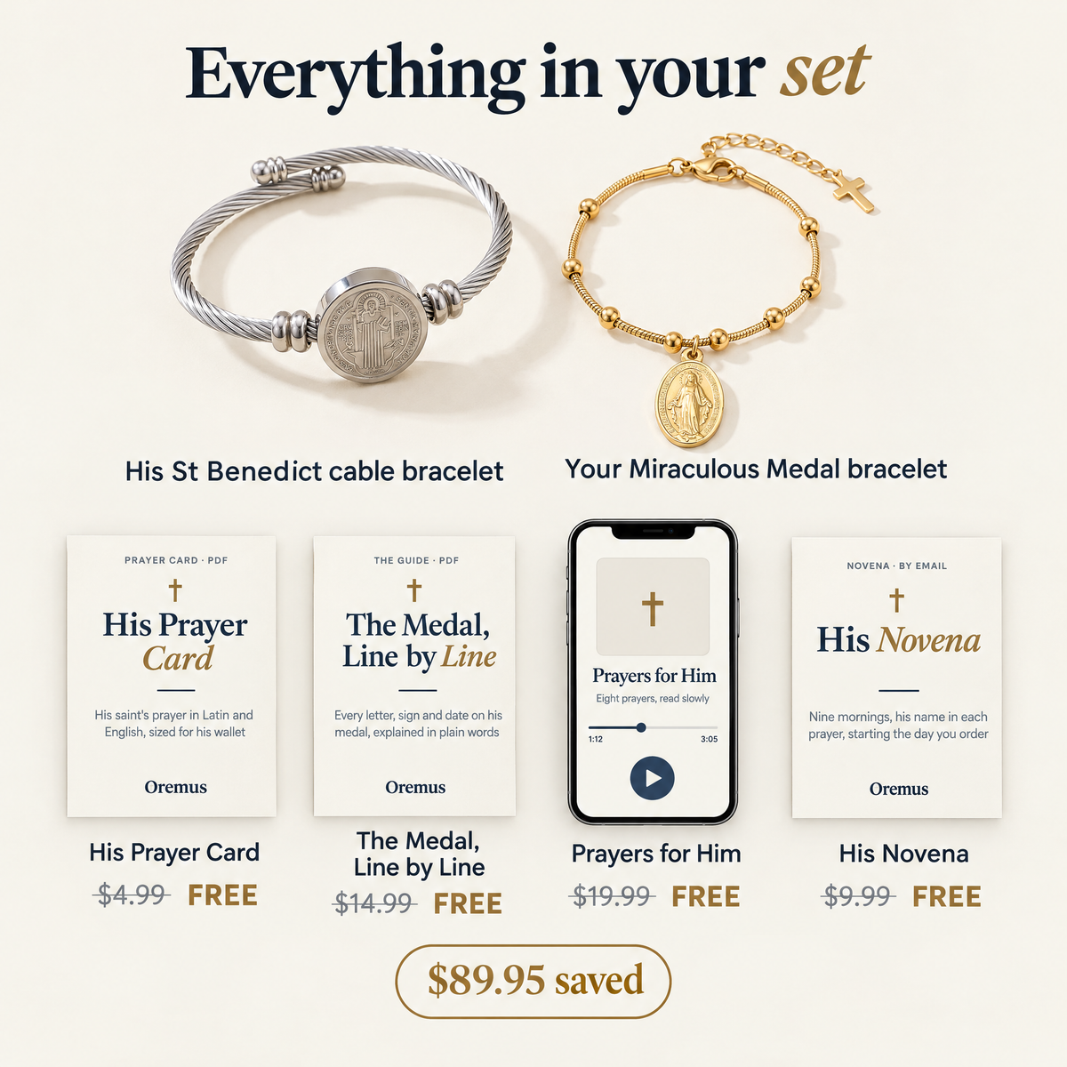 Everything in your set · His St Benedict cable bracelet · Your Miraculous Medal bracelet · His Prayer Card $4.99 FREE · The Medal, Line by Line $14.99 FREE · Prayers for Him $19.99 FREE · His Novena $9.99 FREE · $89.95 saved