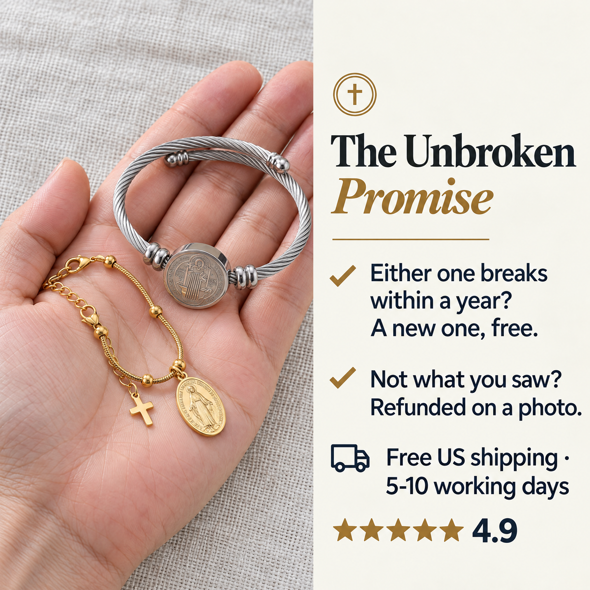 The Unbroken Promise · Either one breaks within a year? A new one, free. · Not what you saw? Refunded on a photo. · Free US shipping · 5-10 working days · ★★★★★ 4.9