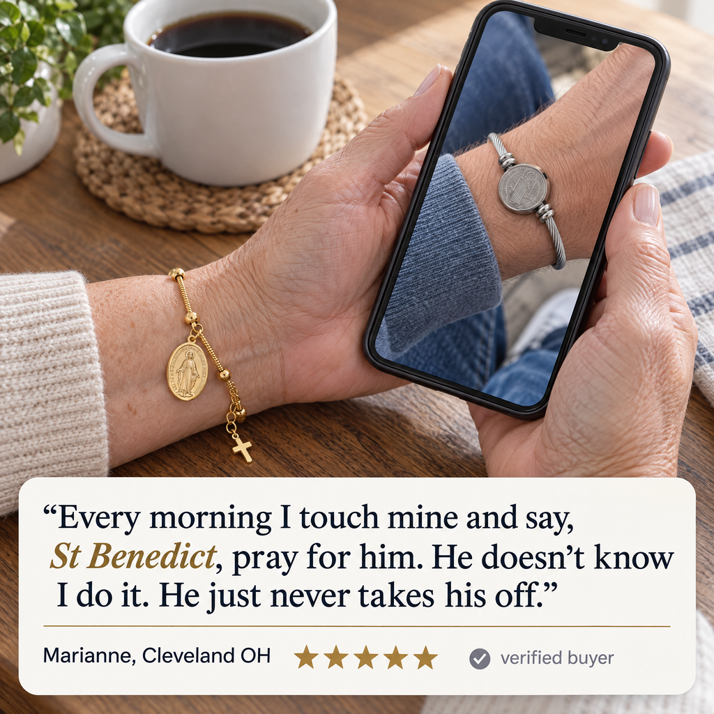 "Every morning I touch mine and say, St Benedict, pray for him. He doesn't know I do it. He just never takes his off." · Marianne, Cleveland OH · ★★★★★ · verified buyer