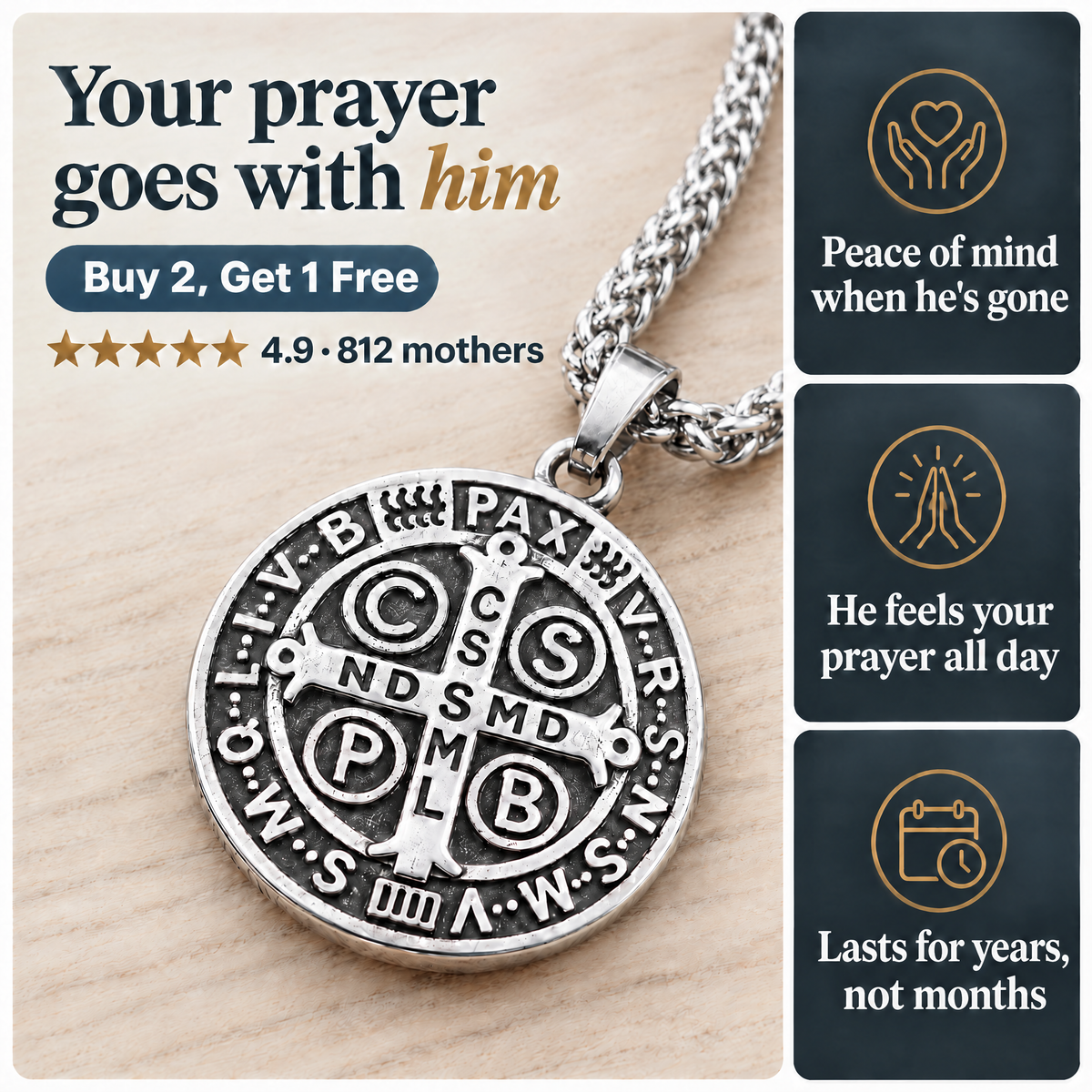 Your prayer goes with him · Buy 2, Get 1 Free · ★★★★★ 4.9 · 812 mothers · Peace of mind when he's gone · He feels your prayer all day · Lasts for years, not months