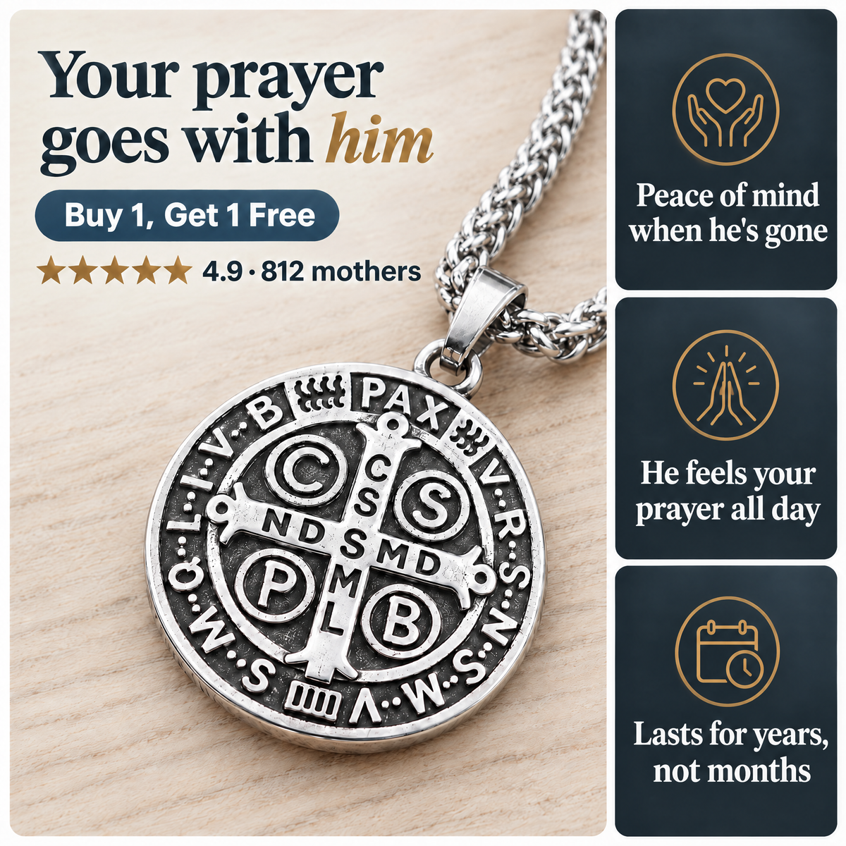 Your prayer goes with him · Buy 1, Get 1 Free · ★★★★★ 4.9 · 812 mothers · Peace of mind when he's gone · He feels your prayer all day · Lasts for years, not months