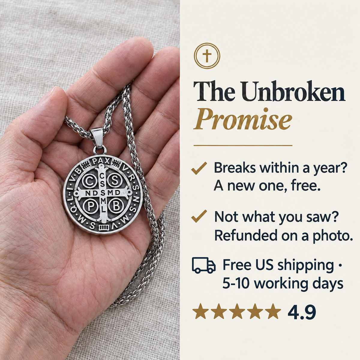 The Unbroken Promise · Breaks within a year? A new one, free. · Not what you saw? Refunded on a photo. · Free US shipping · 5-10 working days · ★★★★★ 4.9