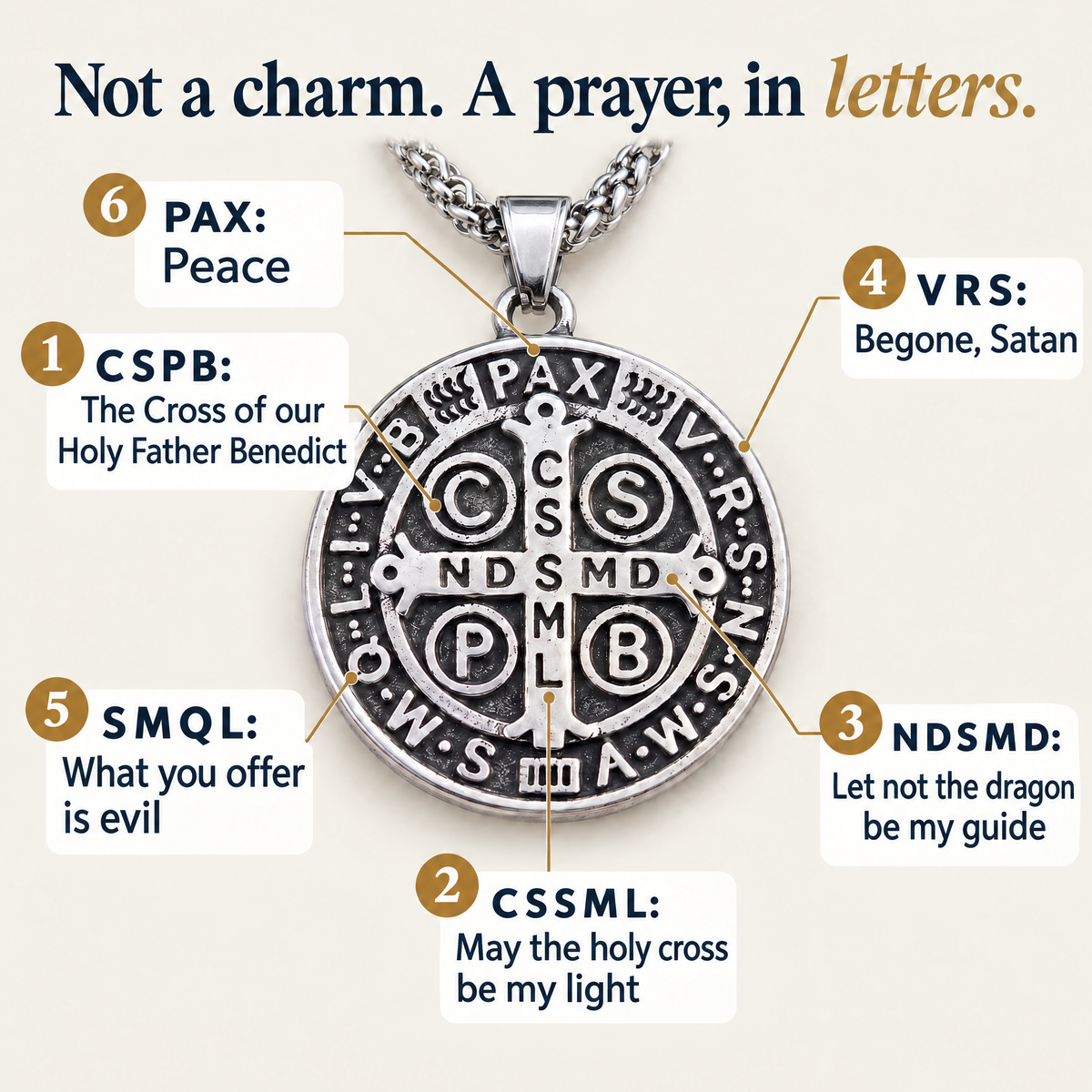 Not a charm. A prayer, in letters. · 1 C S P B: The Cross of our Holy Father Benedict · 2 C S S M L: May the holy cross be my light · 3 N D S M D: Let not the dragon be my guide · 4 V R S: Begone, Satan · 5 S M Q L: What you offer is evil · 6 PAX: Peace