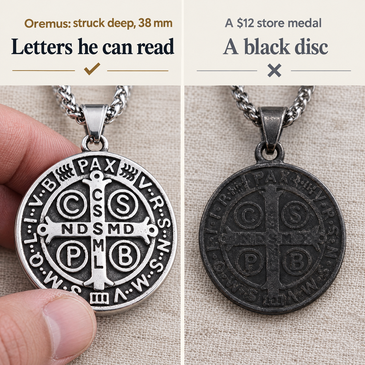 Oremus: struck deep, 38 mm · Letters he can read · A $12 store medal · A black disc