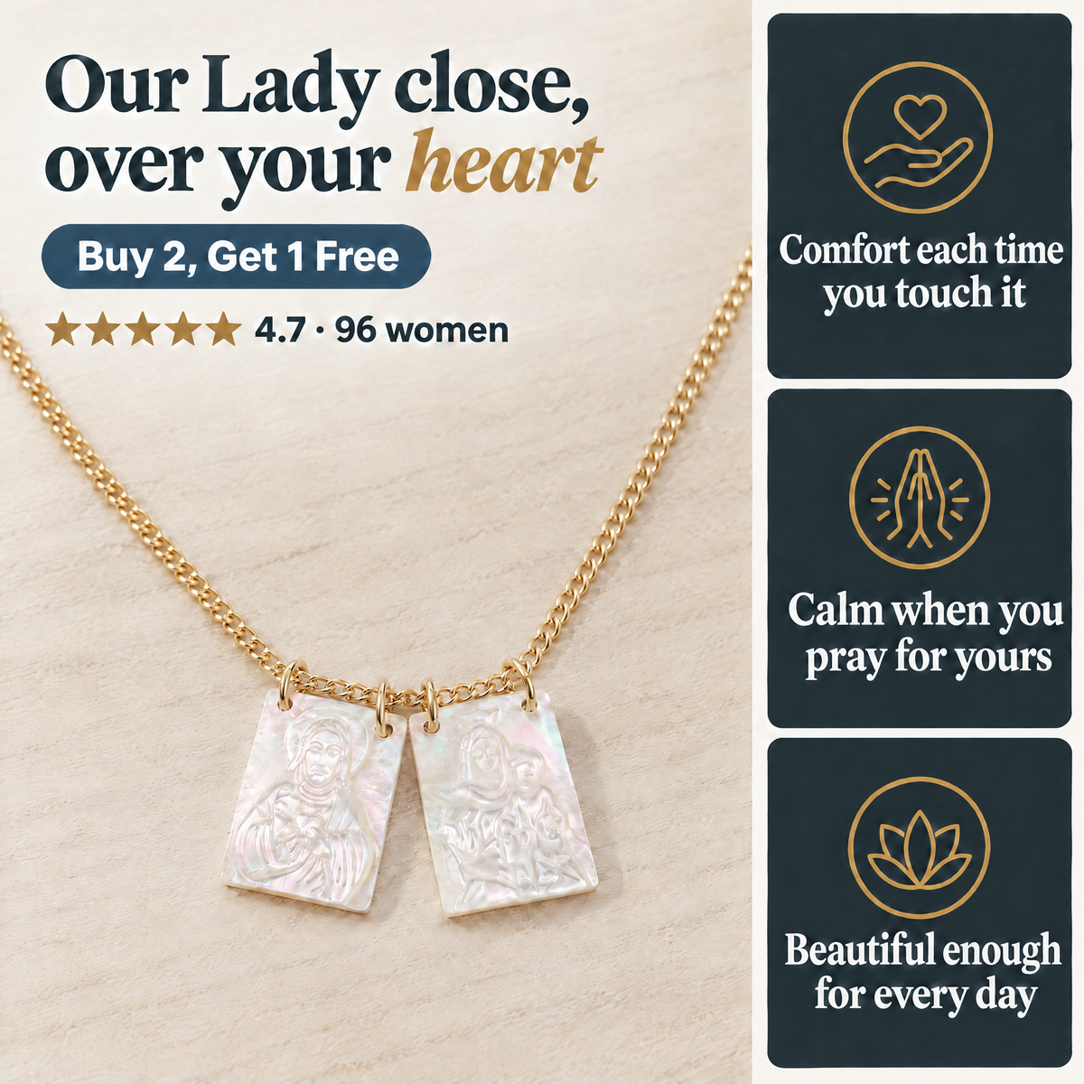 Our Lady close, over your heart · Buy 2, Get 1 Free · ★★★★★ 4.7 · 96 women · Comfort each time you touch it · Calm when you pray for yours · Beautiful enough for every day