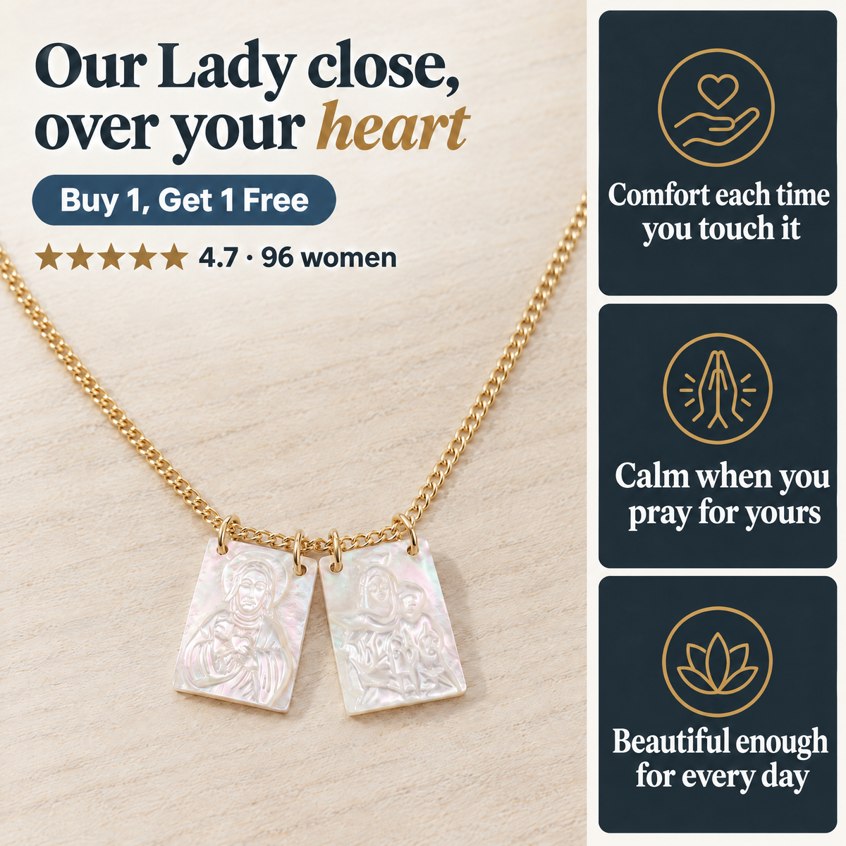 Our Lady close, over your heart · Buy 1, Get 1 Free · ★★★★★ 4.7 · 96 women · Comfort each time you touch it · Calm when you pray for yours · Beautiful enough for every day
